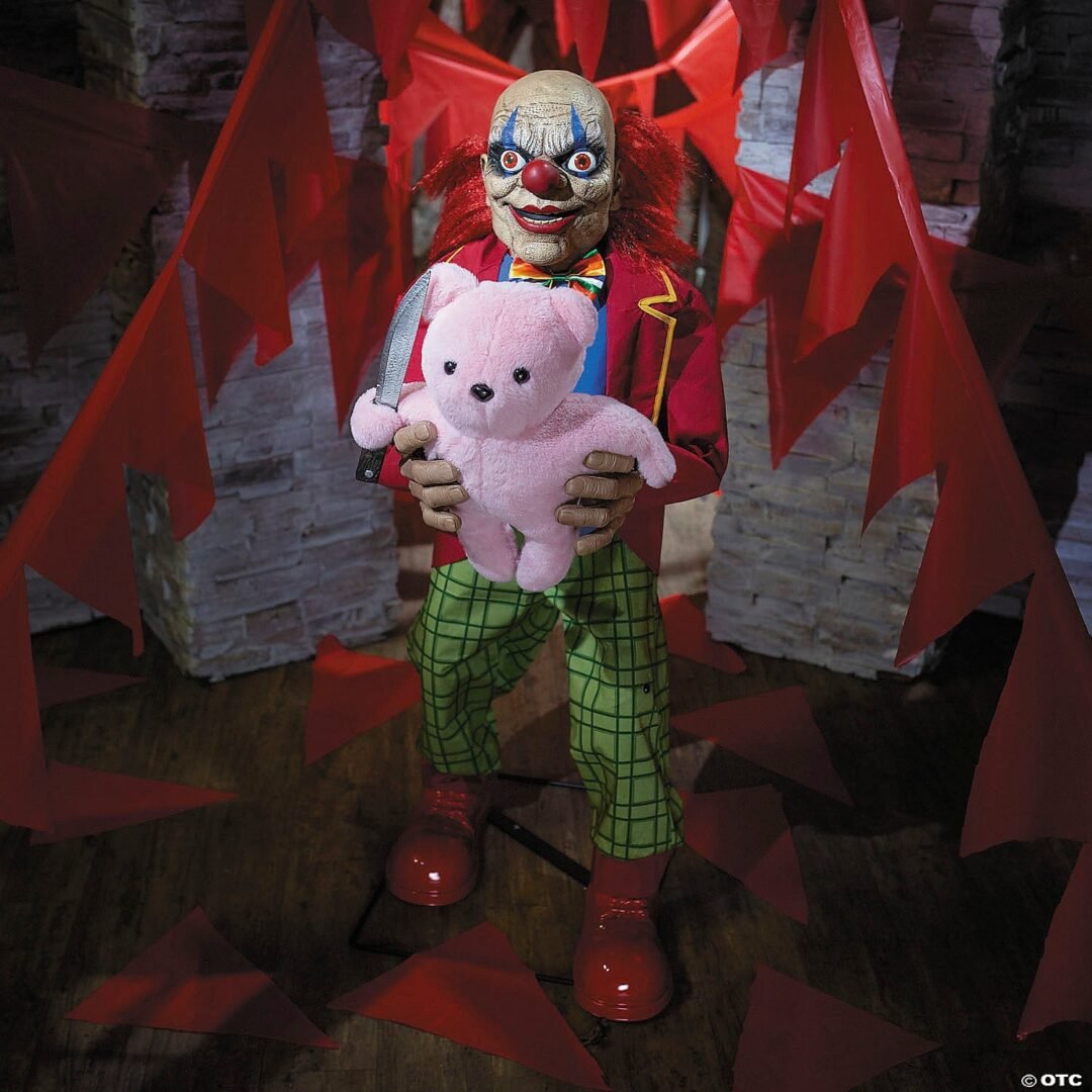 4 Ft. Creepy Clown with Pink Bear Halloween Animatronic