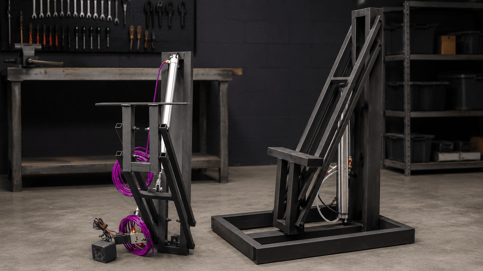 Barrel Lifter and Heavy Lifter professional Halloween animatronic mechanisms displayed in a workshop