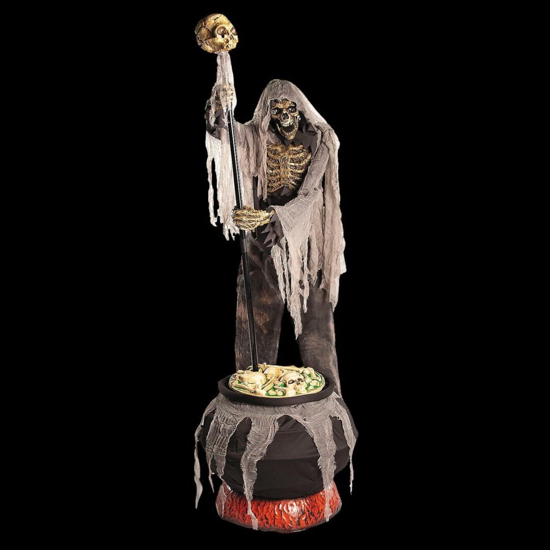 Light-Up Skeleton Stirring Cauldron Halloween Animatronic Decoration