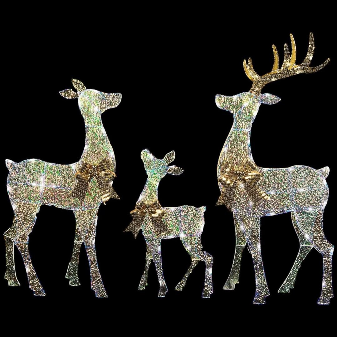 Reindeer Family Acrylic Iridescent Sculpture with Built-In LED Lights Christmas Outdoor Yard Decorations